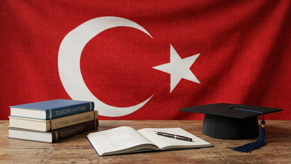 چند کتاب و یک کلاه فارغ&zwnj;التحصیلی با پرچم ترکیه در بکگراند
