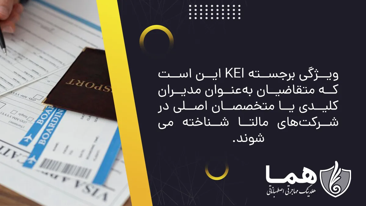 ویژگی برجسته KEI این است که متقاضیان به‌عنوان مدیران کلیدی یا متخصصان اصلی در شرکت‌های مالتا شناخته می‌شوند.
